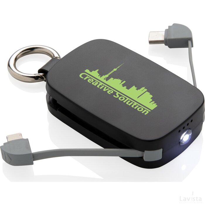 1.200 mAh sleutelhanger powerbank met geintegreerde kabels zwart